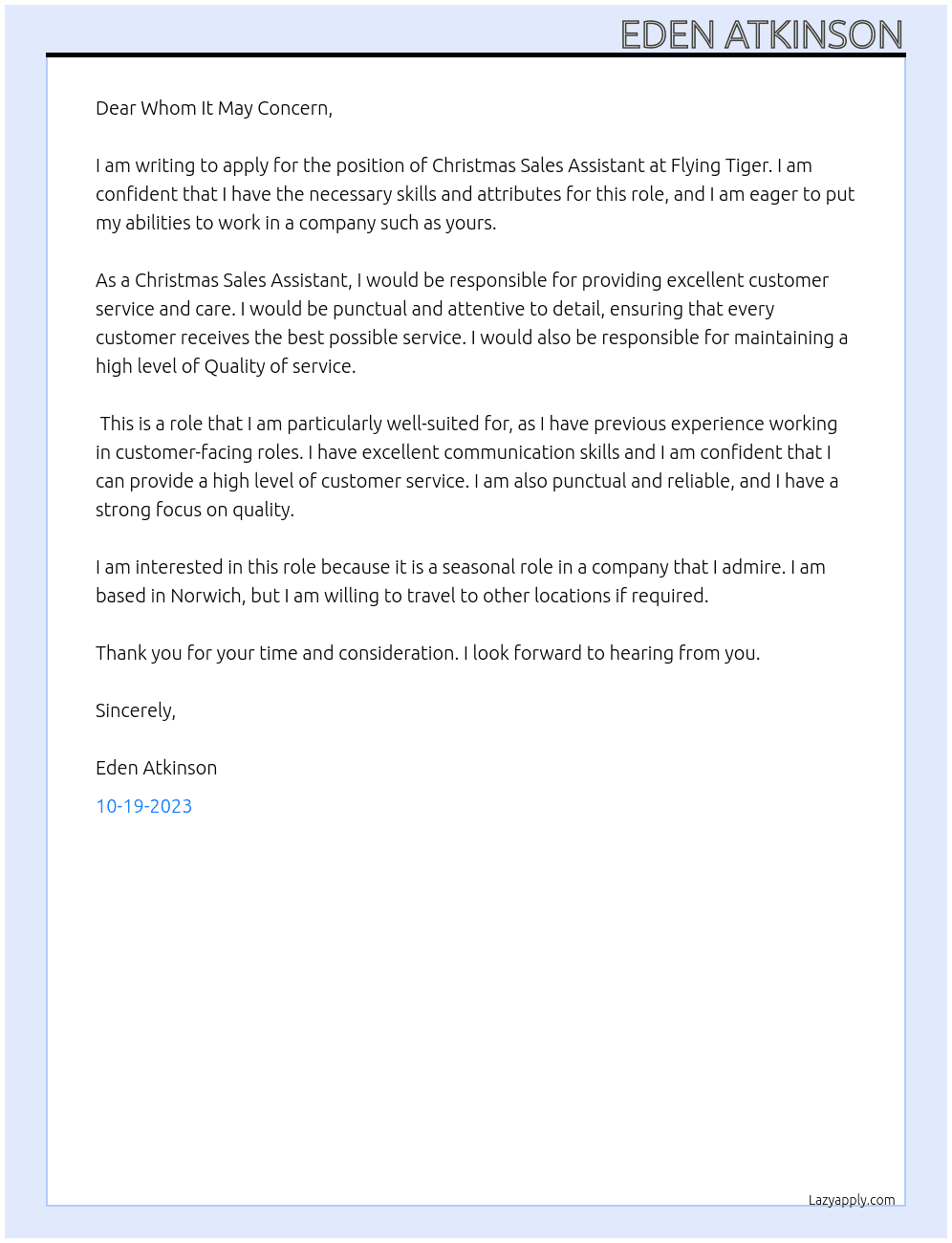 Christmas Sales Assistant At Flying Tiger Cover Letter
