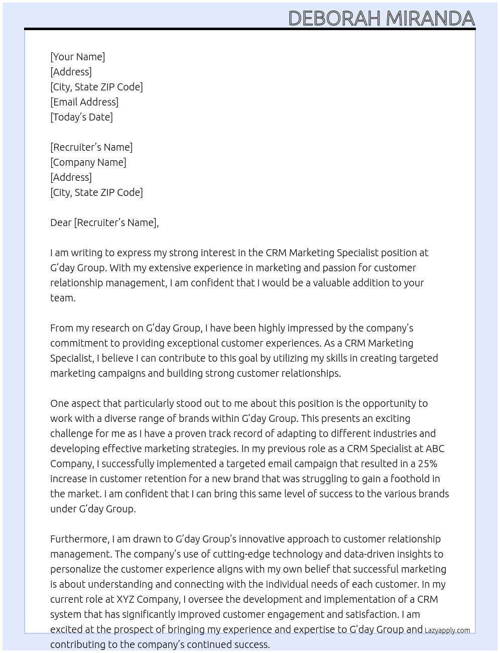 CRM Marketing Specialist At G'day Group Cover Letter