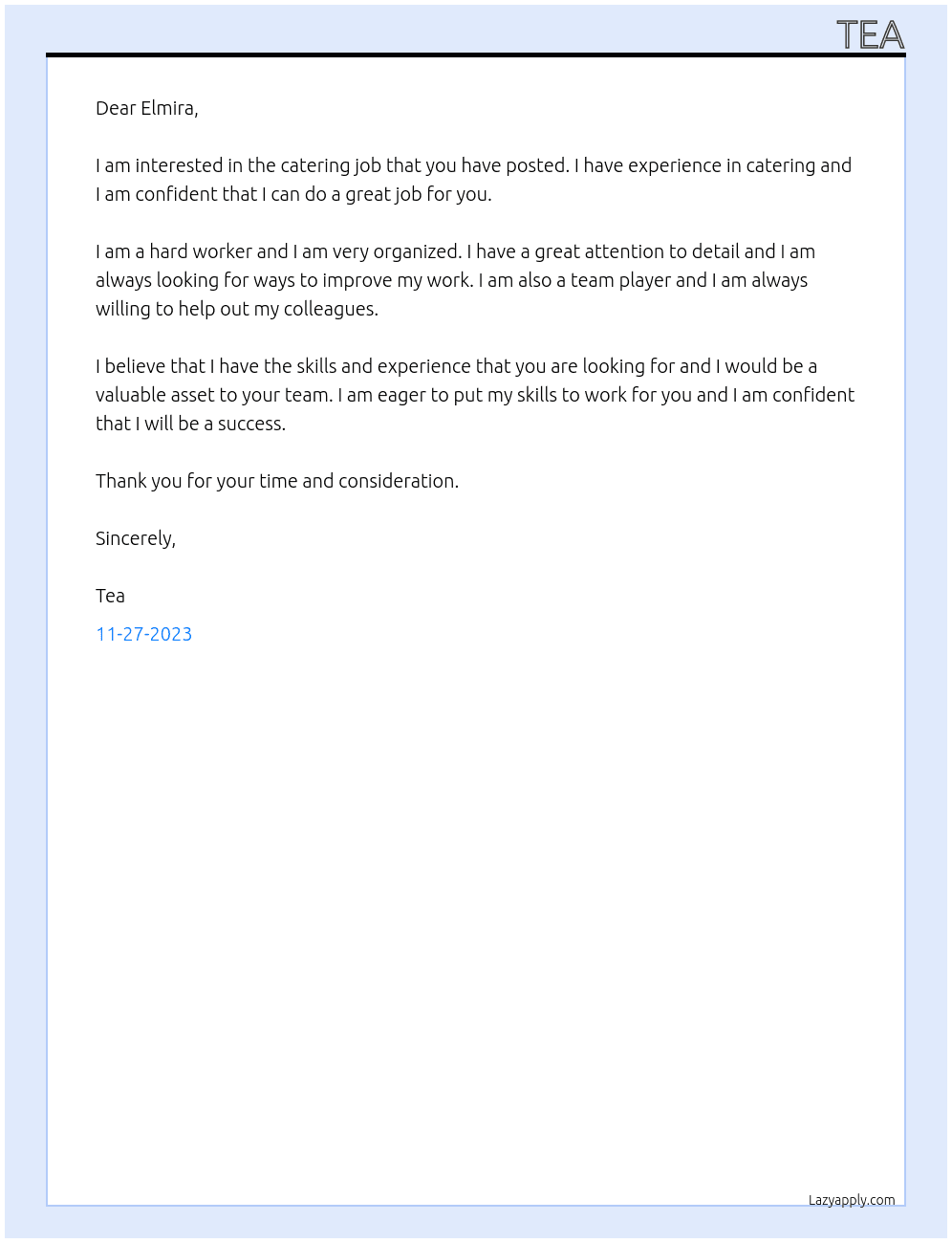 Catering job At Elmira Cover Letter
