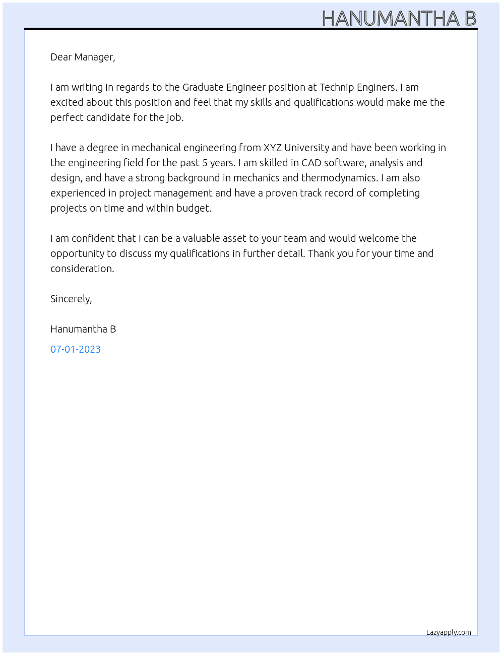 Graduate Engineer  At Technip Enginers  Cover Letter