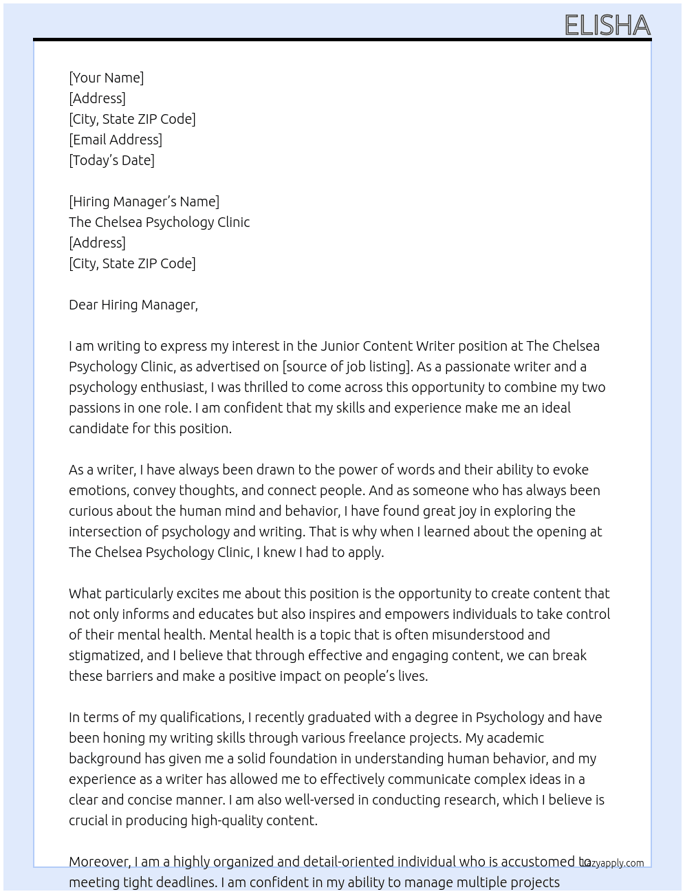 Junior Content Writer  At The Chelsea Psychology Clinic  Cover Letter