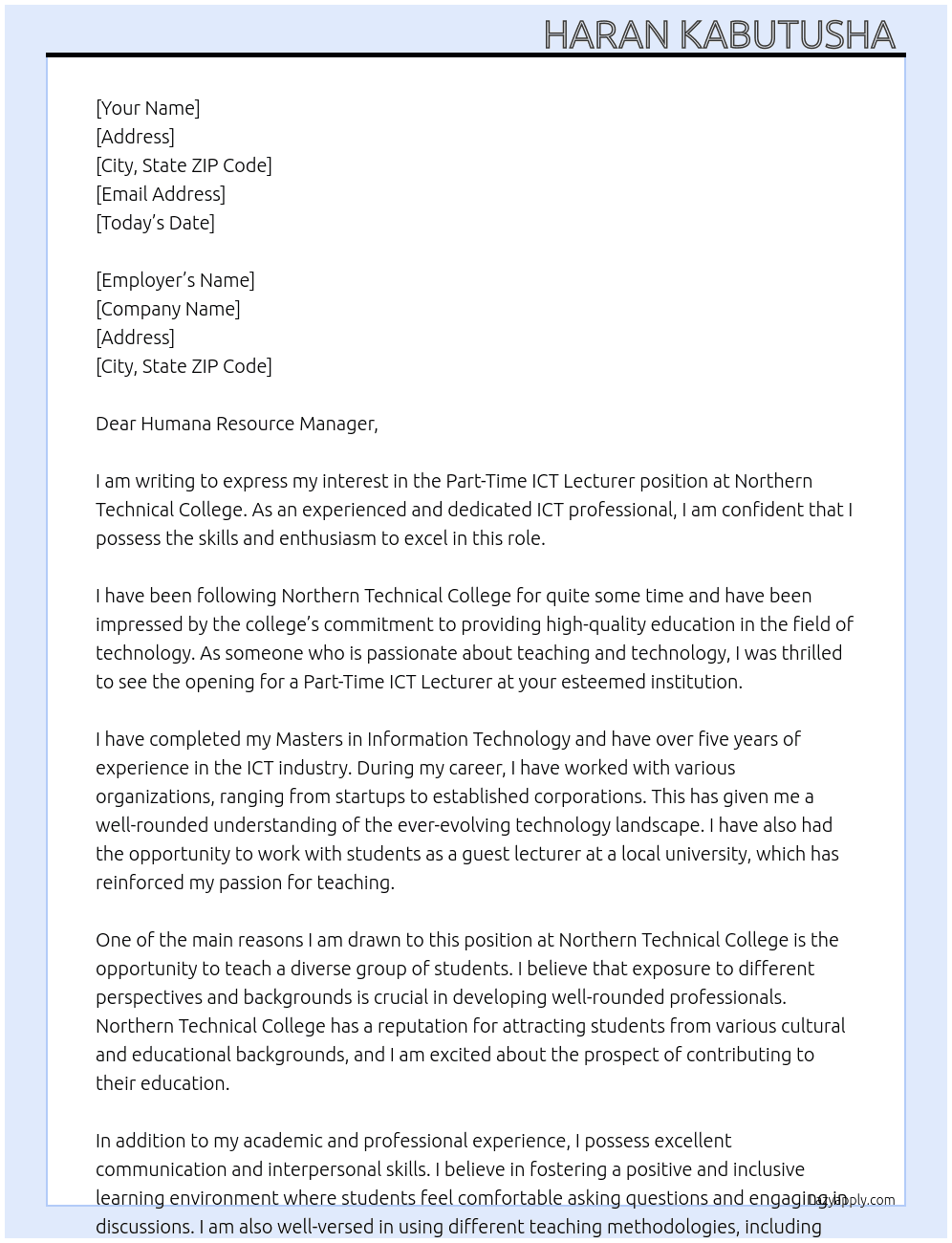 part time ict lecturer At Northern technical college  Cover Letter