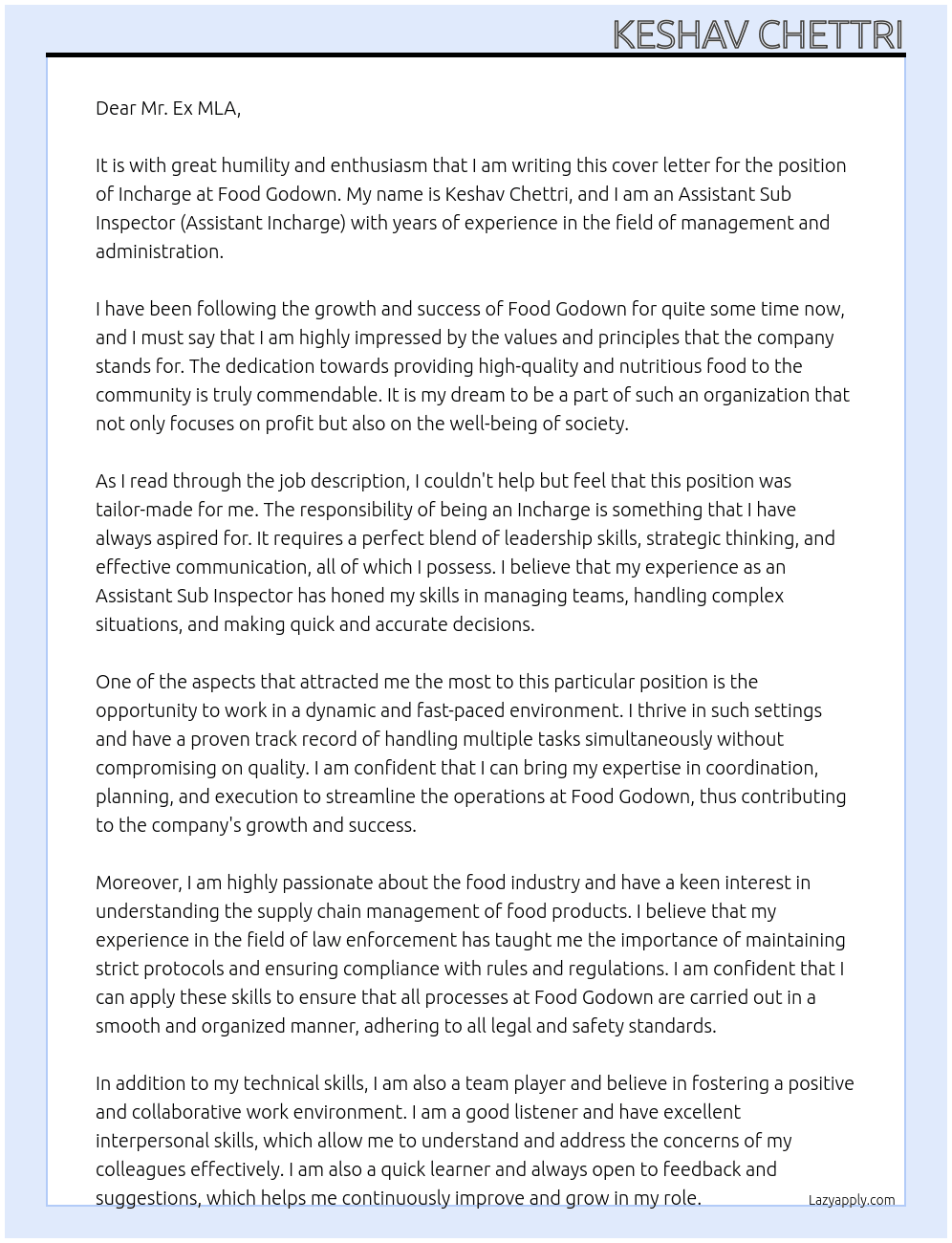 Incharge  At food godown  Cover Letter