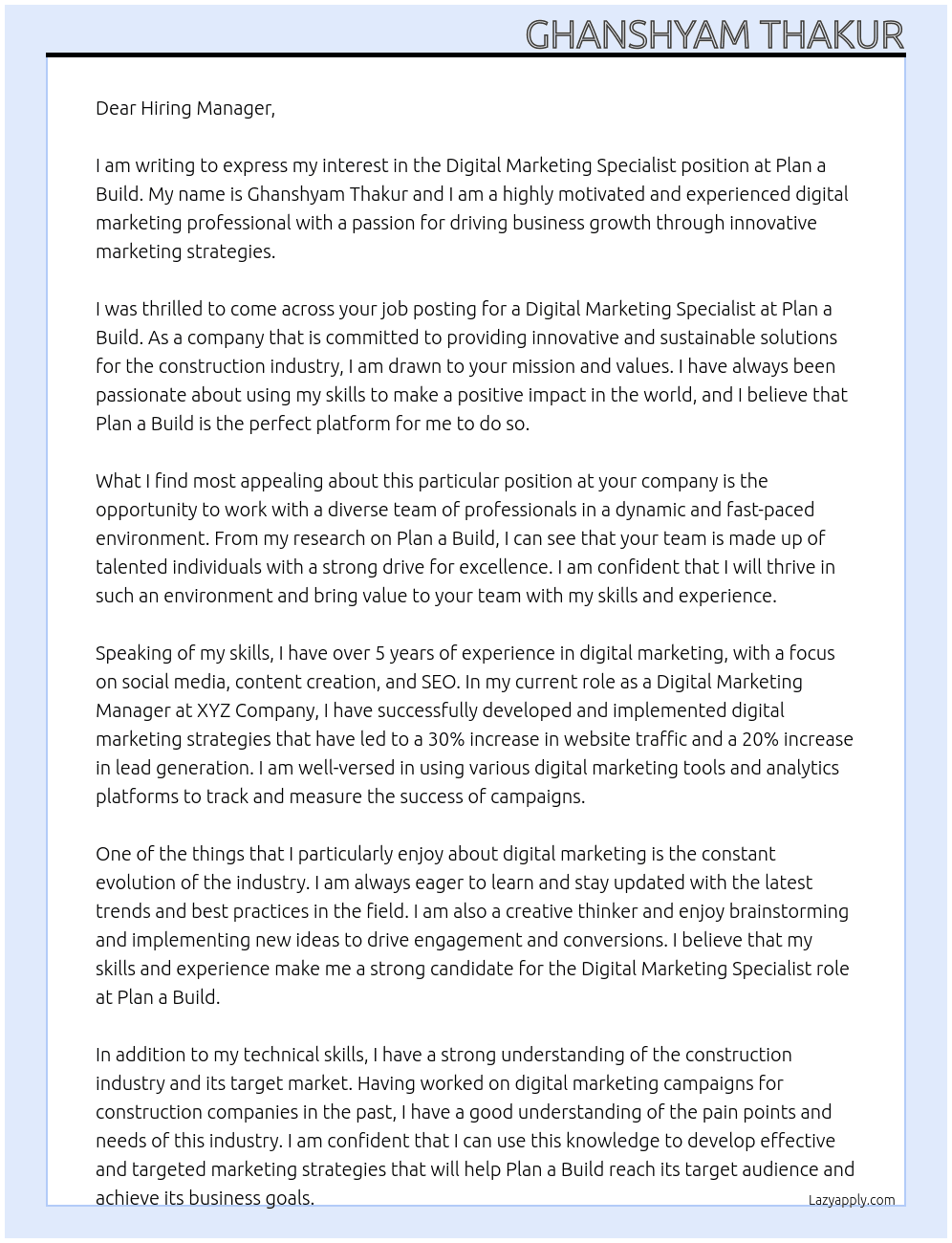 DIgital Marketing Specialist At Plan a Bulid Cover Letter