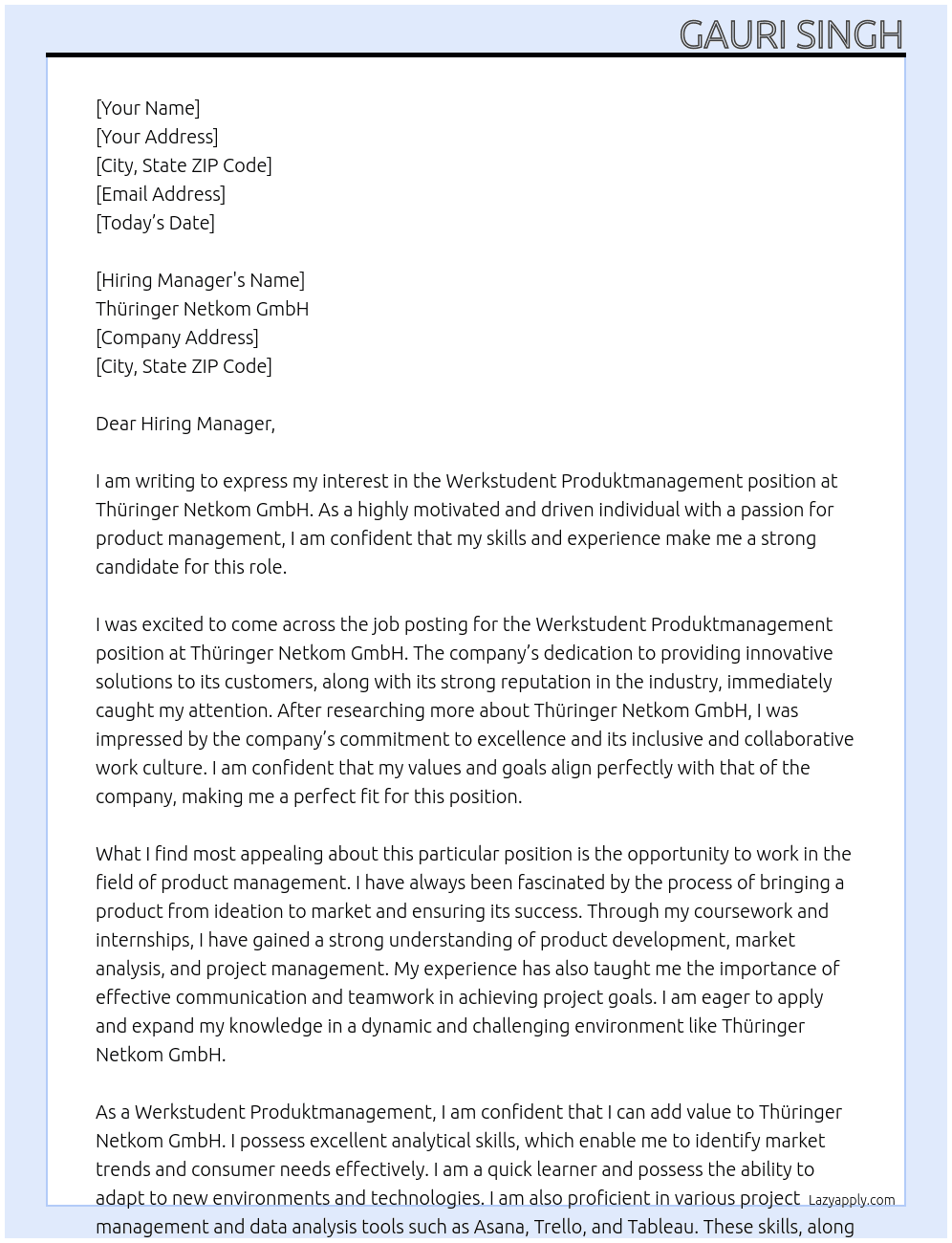 Werkstudent Produktmanagement At Thüringer Netkom GmbH Cover Letter