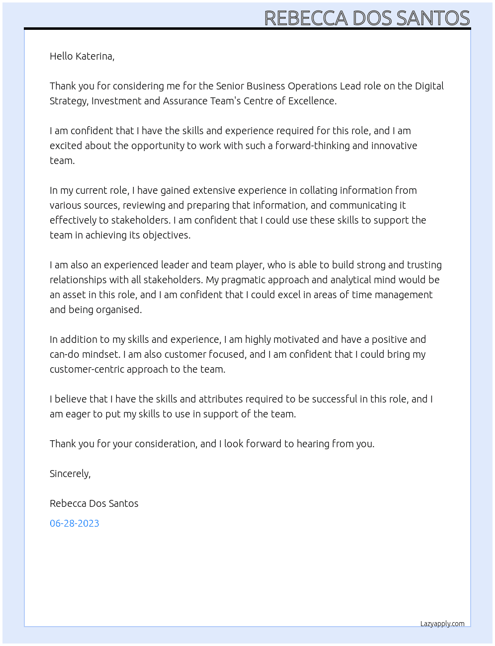Senior Business Operations Lead At Digital Strategy, Investment and Assurance Team's Centre of Excellence Cover Letter