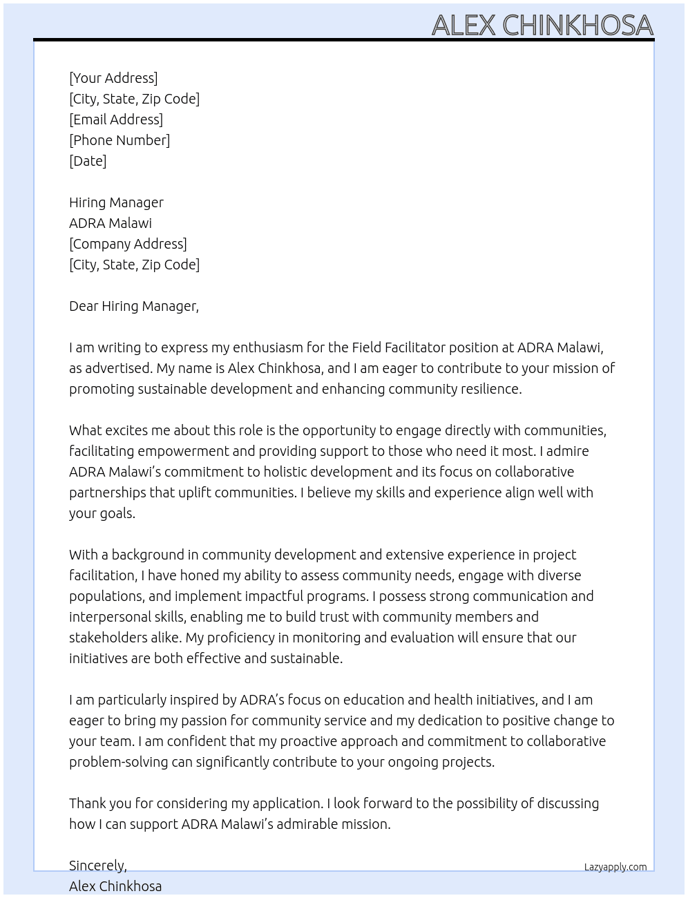 field facilitator At ADRA Malawi Cover Letter