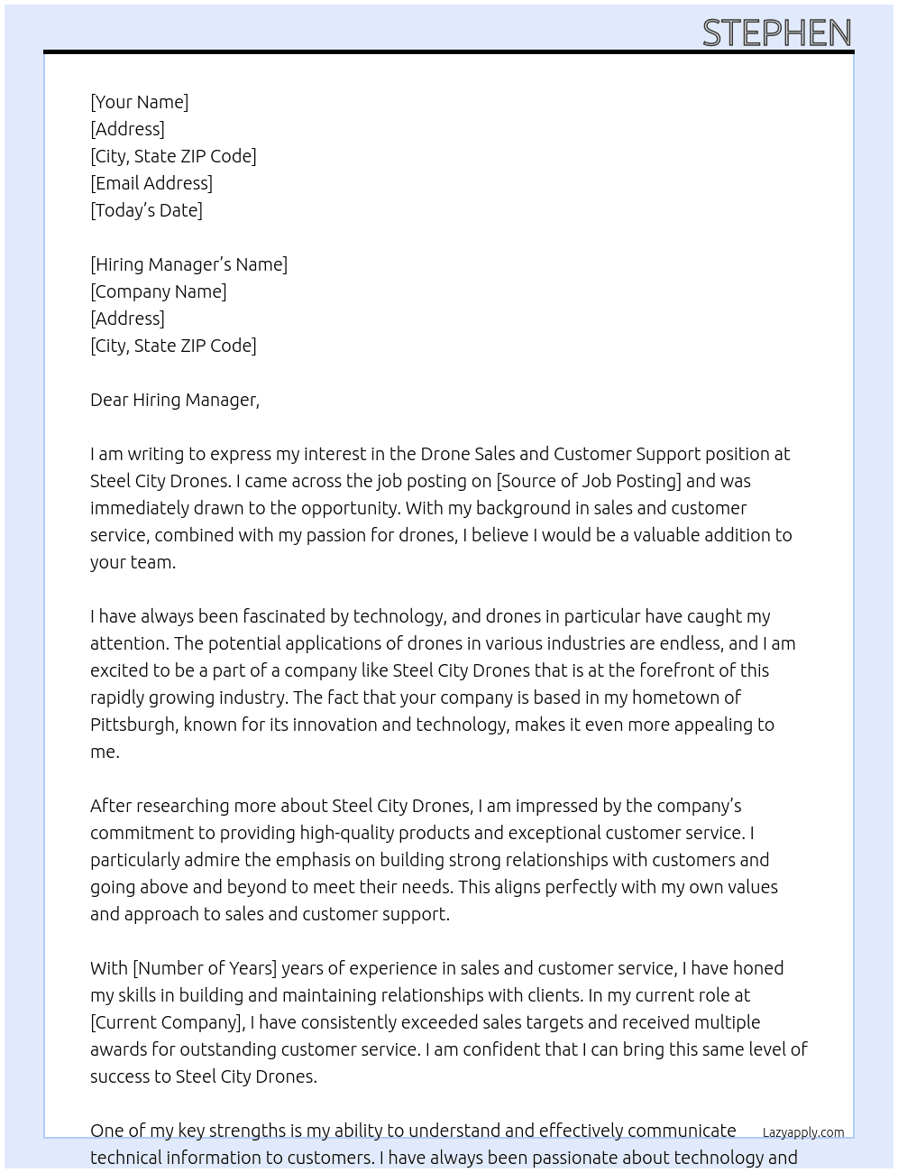 Drone Sales and Customer Support At Steel City Drones Cover Letter