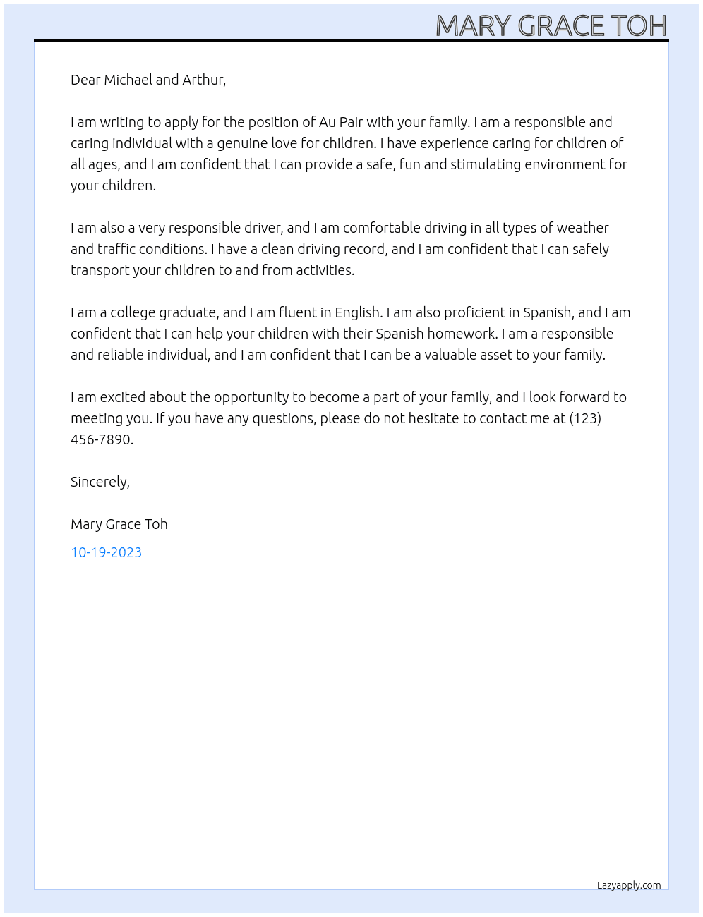 Au Pair At Au Pair Cover Letter