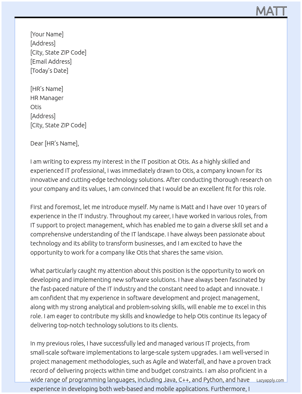 IT At Otis Cover Letter