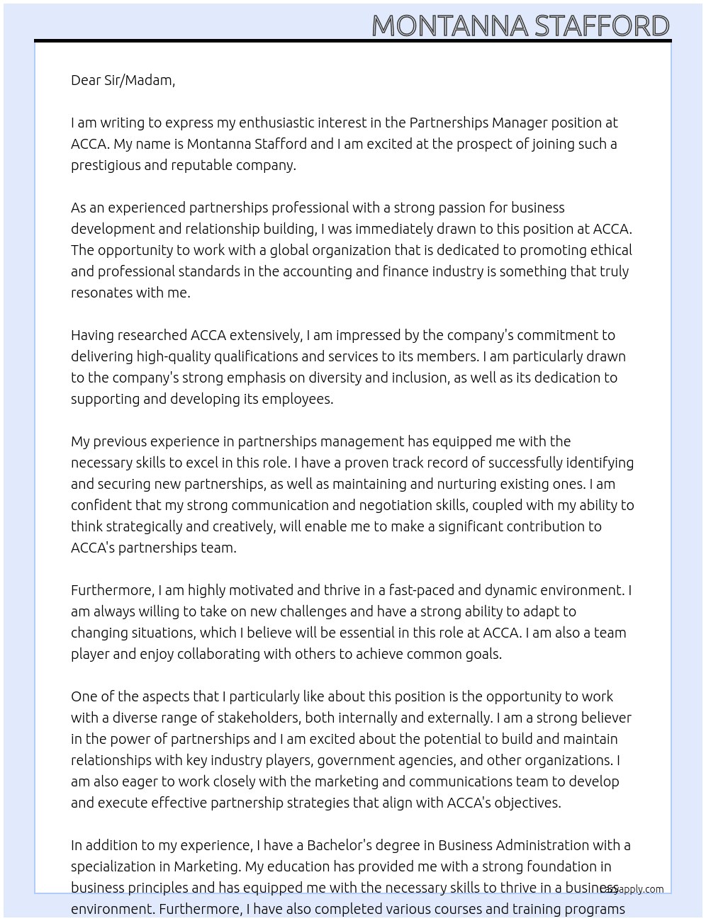 Partnerships manager At ACCA Cover Letter