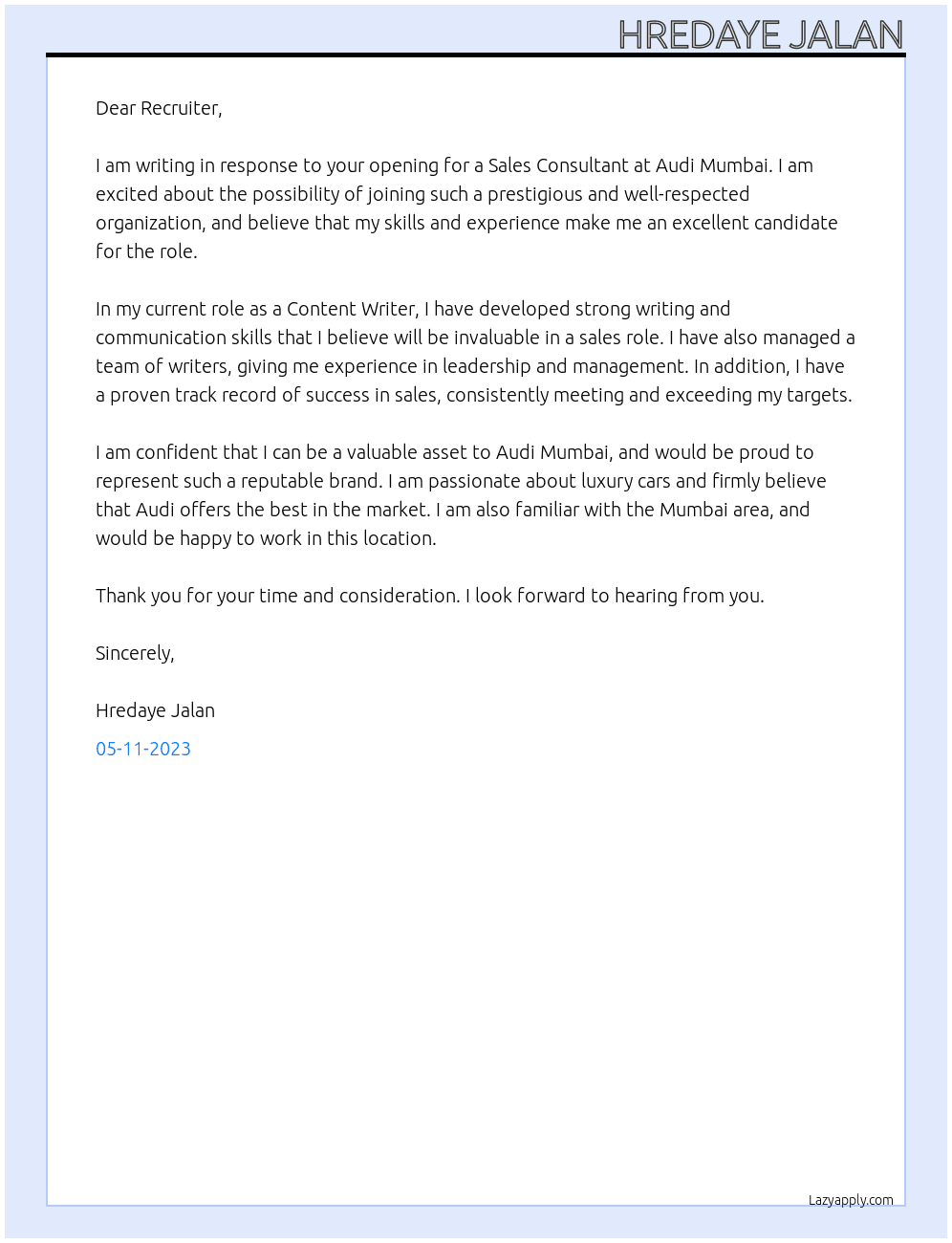 Sales Consultant At Audi Mumbai Cover Letter