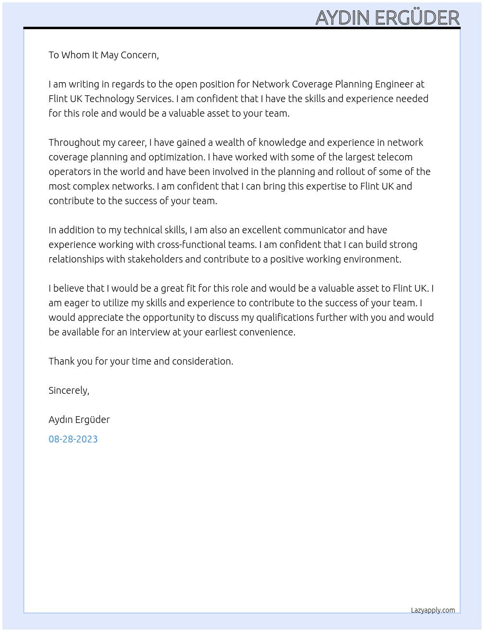 Network Coverage Planning Engineer At Flint UK Technology Services Cover Letter