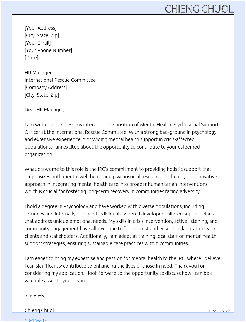 Mental Health Psychosocial Support Officer At International Rescue Committee  Cover Letter