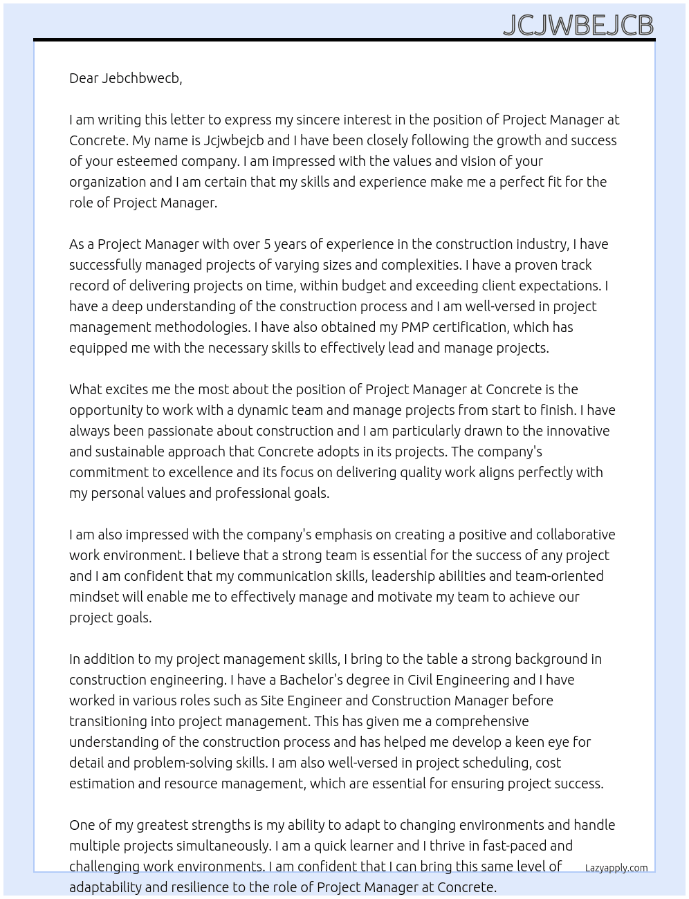 Project Manager At concrete Cover Letter