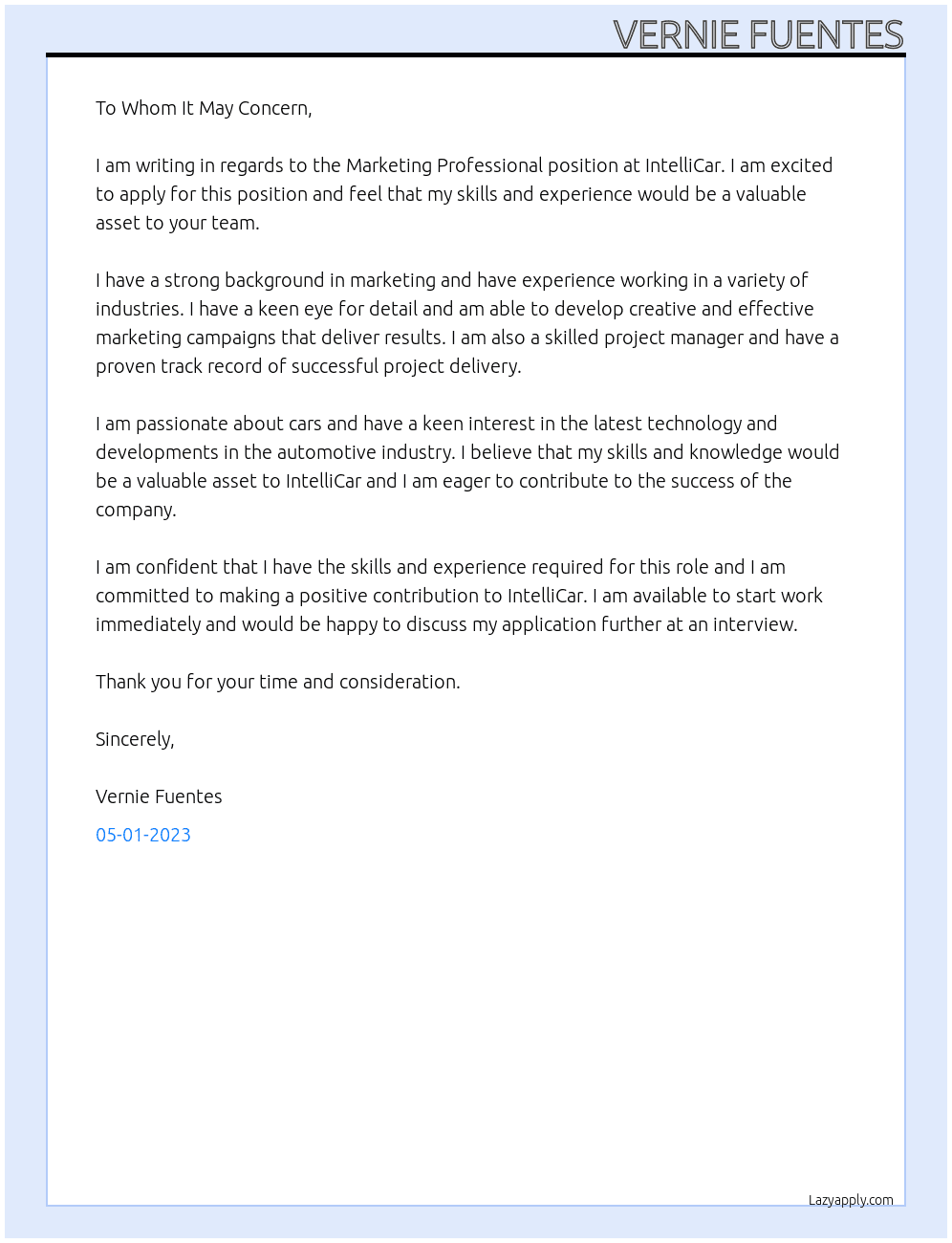 Marketing Professional At IntelliCar Cover Letter