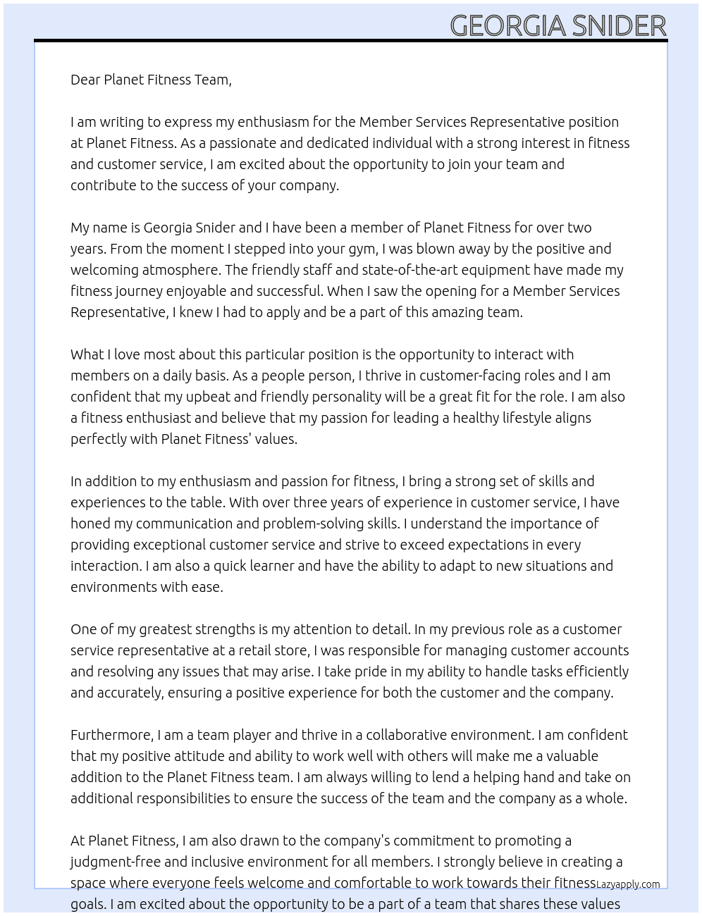 Member Services Representative  At Georgia  Cover Letter