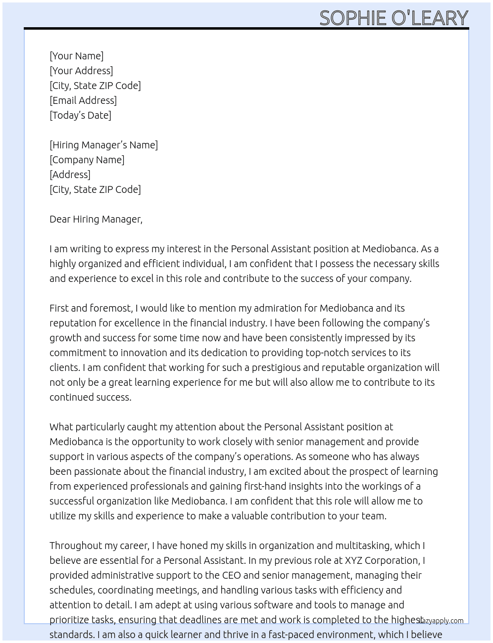 PErsonal Assistant At Mediobanca Cover Letter