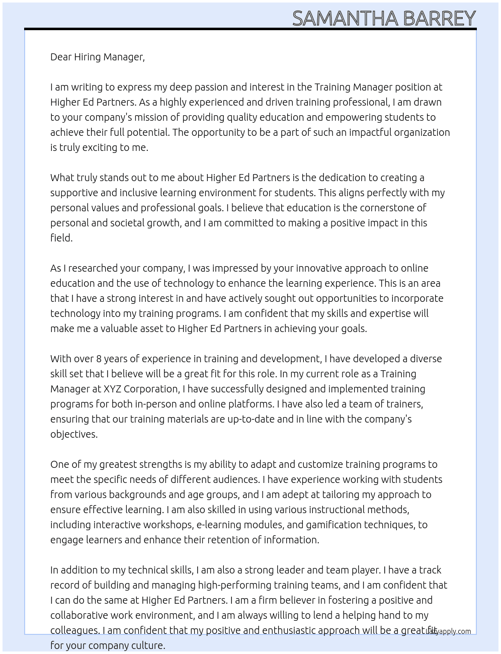 Training Manager At Higher Ed Partners Cover Letter