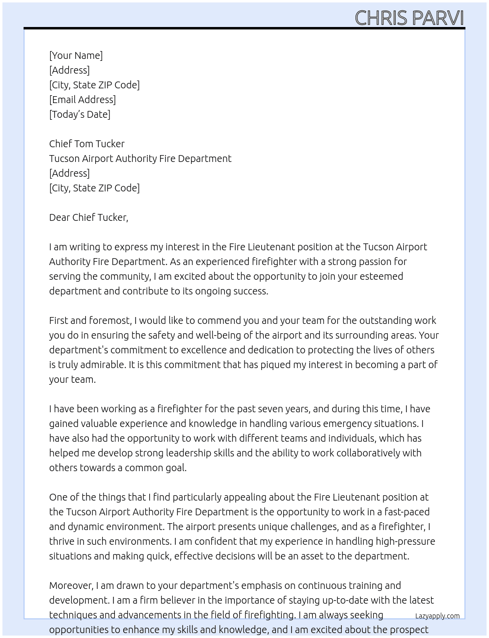 fire lieutenant  At Tucson airport authority fire department Cover Letter