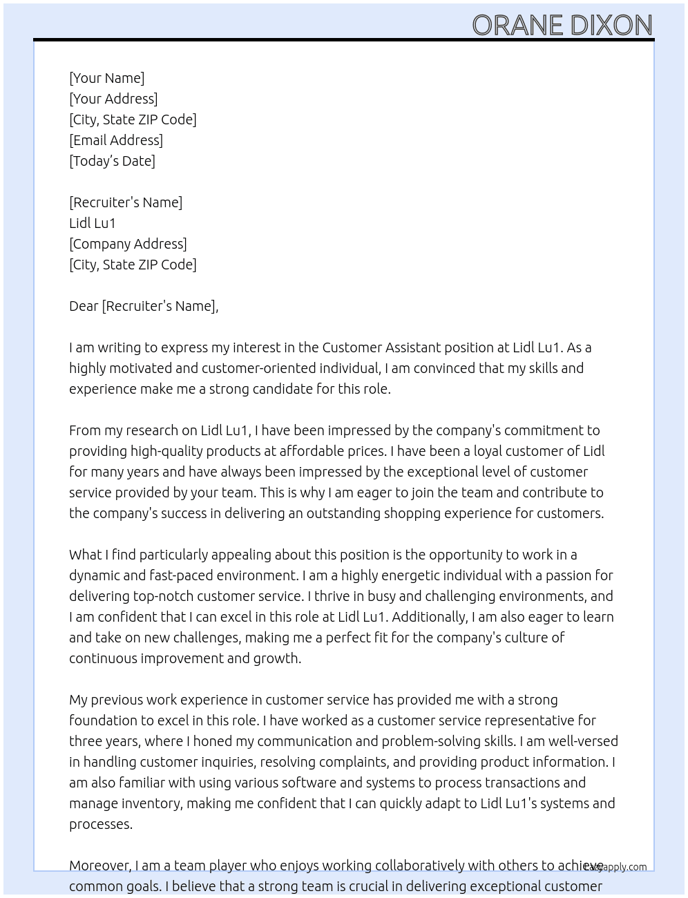  Customer assistant  At Lidl Lu1 Cover Letter