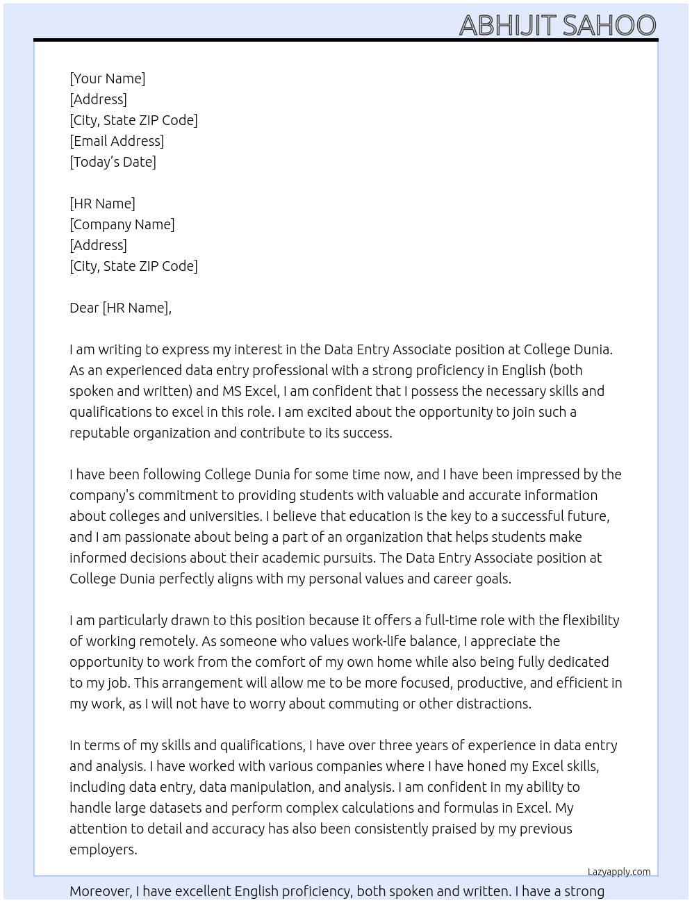 Data entry associate At College Dunia Cover Letter