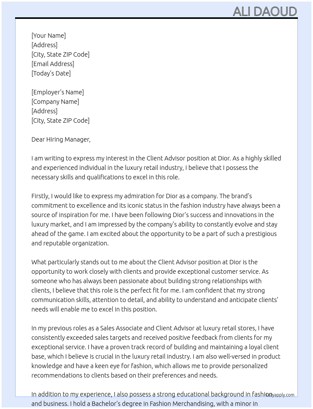 Client advisor  At Dior Cover Letter
