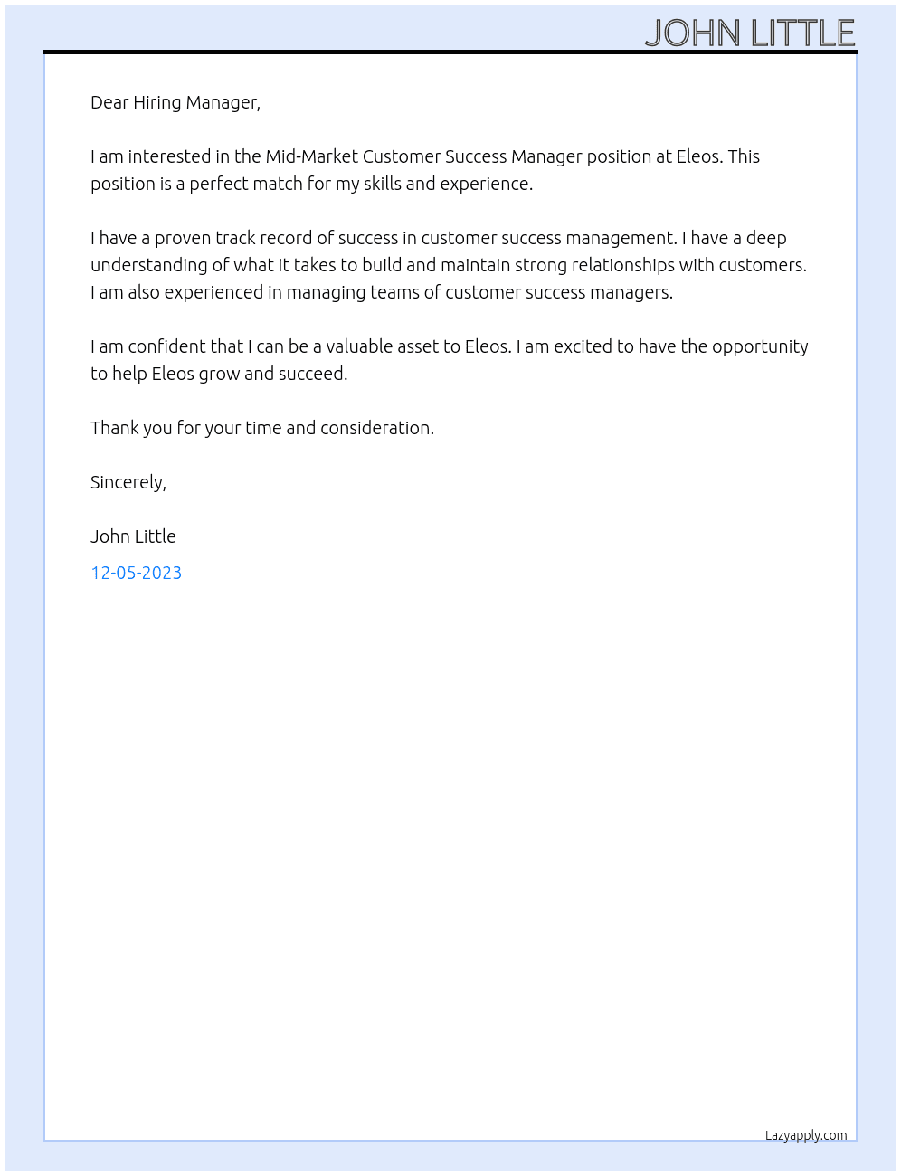 Mid-Market Customer Success Manager At Eleos Cover Letter