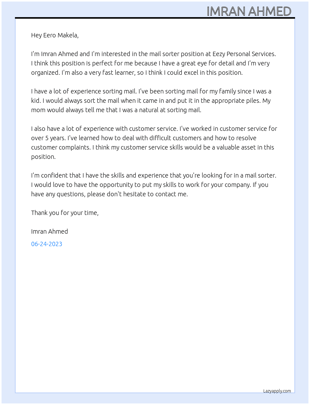 Mail sorter At Eezy personal services  Cover Letter