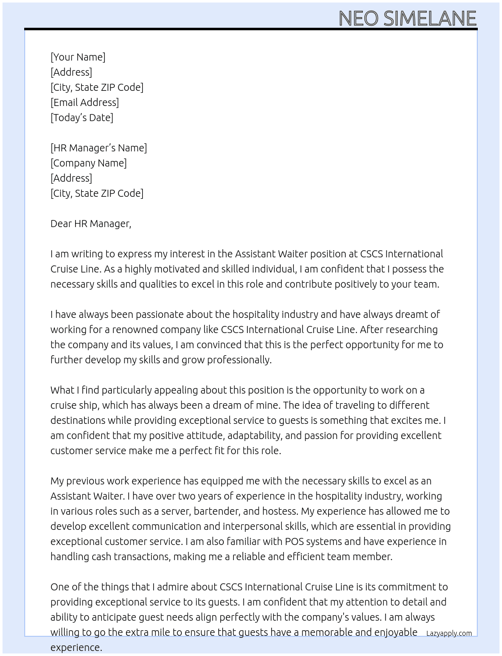 Assistant Waiter At CSCS International Cruise Line Cover Letter