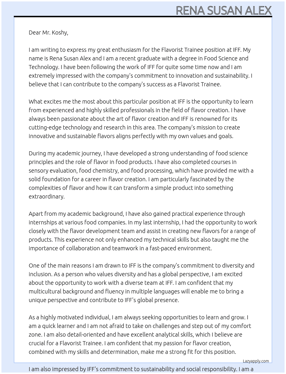 flavorist trainee At IFF Cover Letter