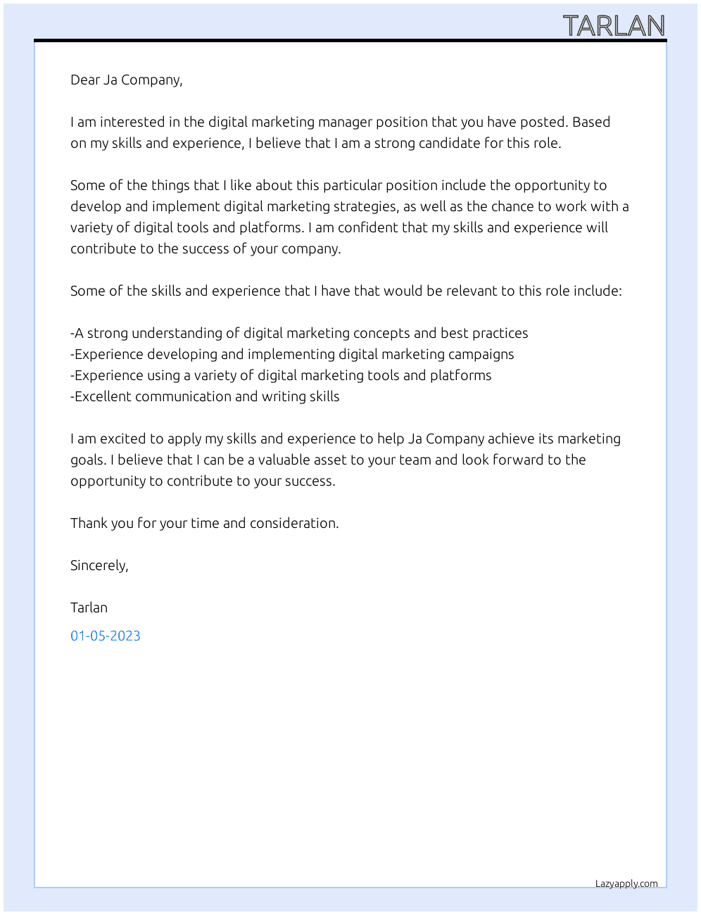 Digital marketing manager  At Ja Company Cover Letter