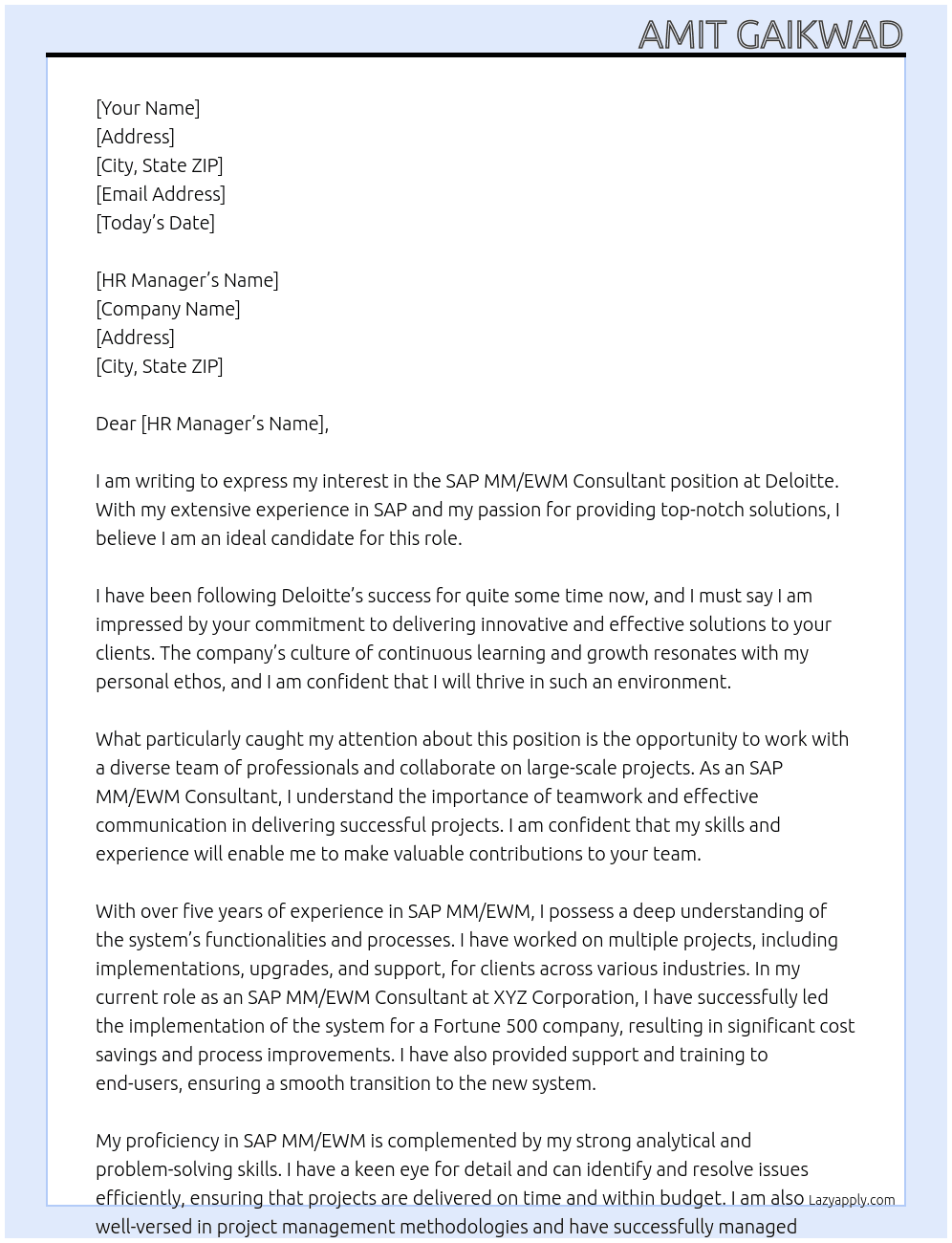 Cover letter for sap mm/ewm consultant - LazyApply