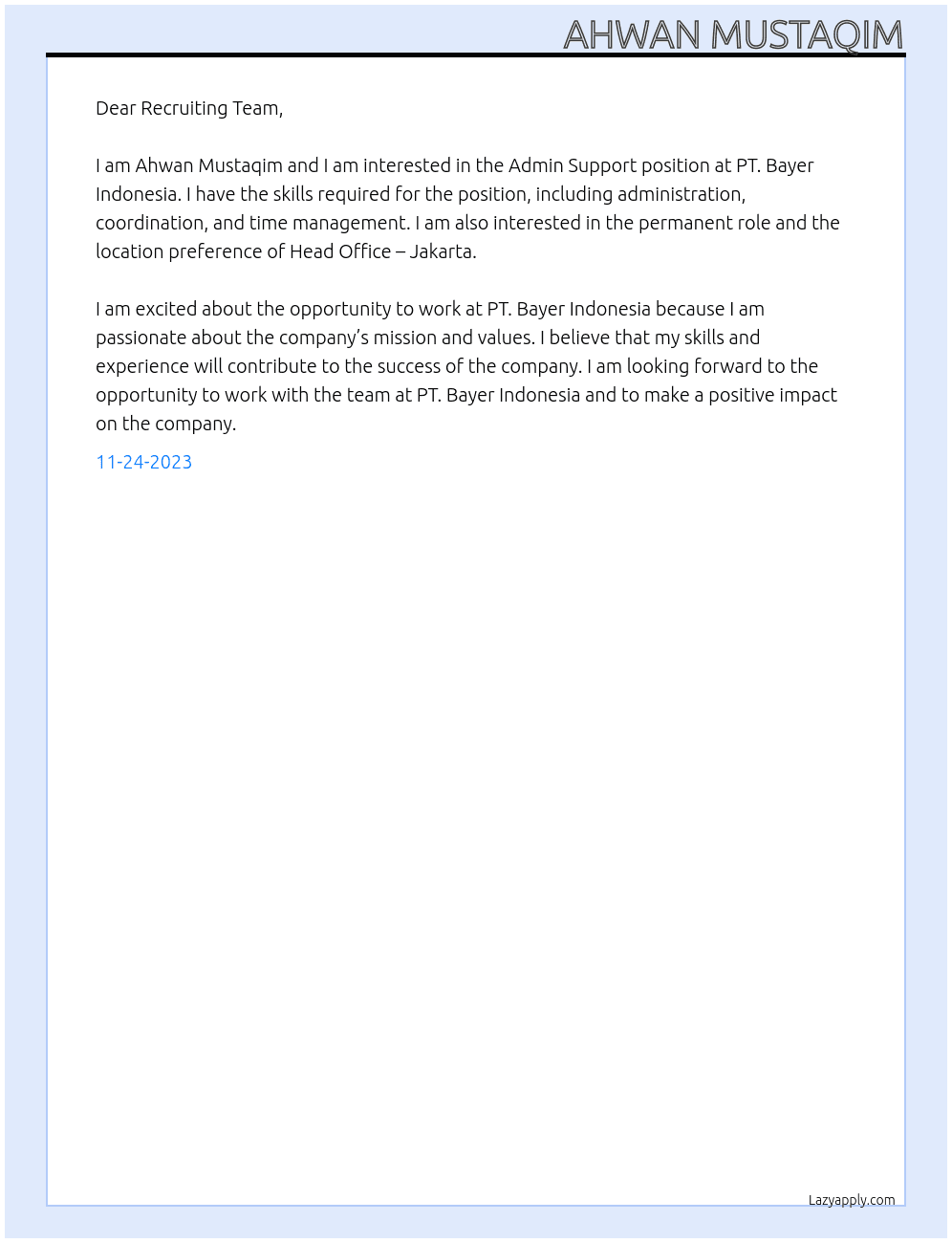 Admin Support At PT. Bayer Indonesia Cover Letter