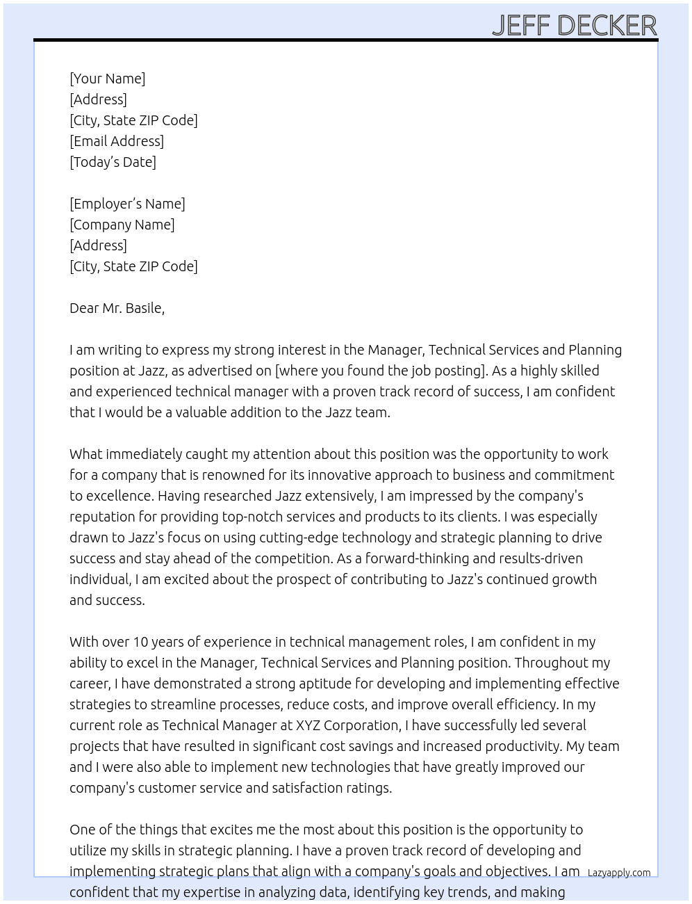 Manager, technical services and planning  At Jazz  Cover Letter