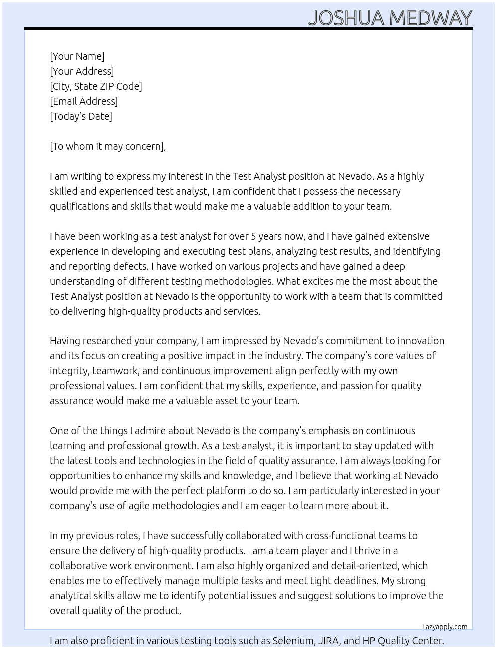 Test Analyst At Nevado Cover Letter