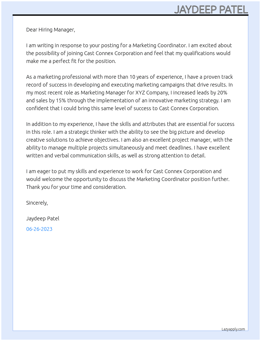 Marketing coordinator At Cast Connex Corporation Cover Letter