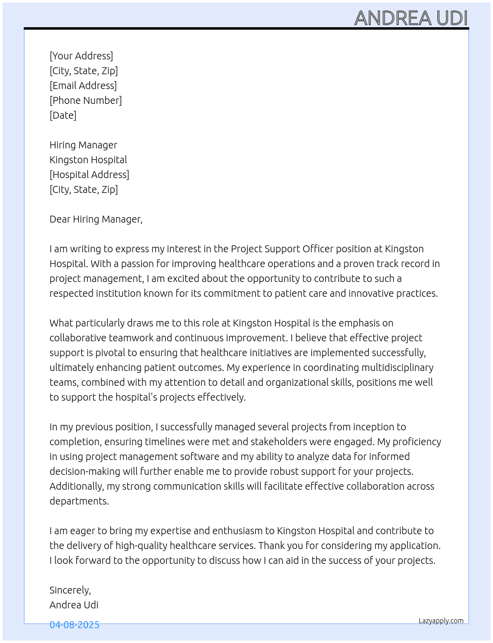 Project Support Officer At  Kingston hospital Cover Letter