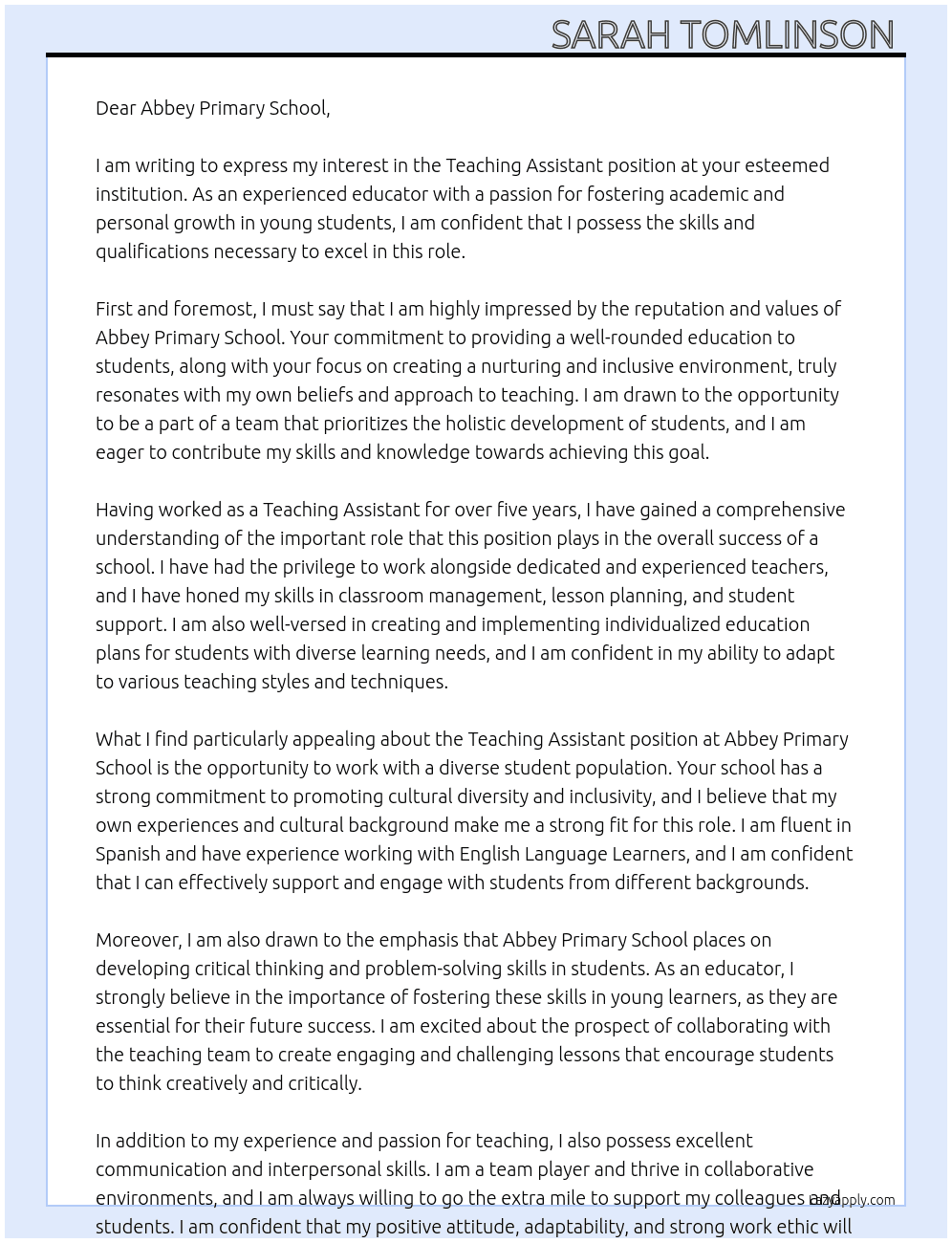 Teaching Assistant  At Teaching Assistant  Cover Letter