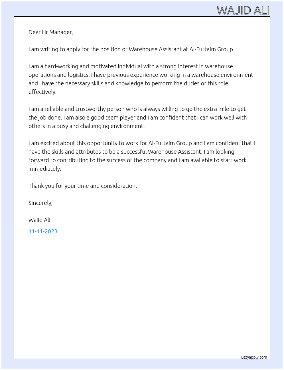Warehouse Assistant  At Al-Futtaim Group Cover Letter