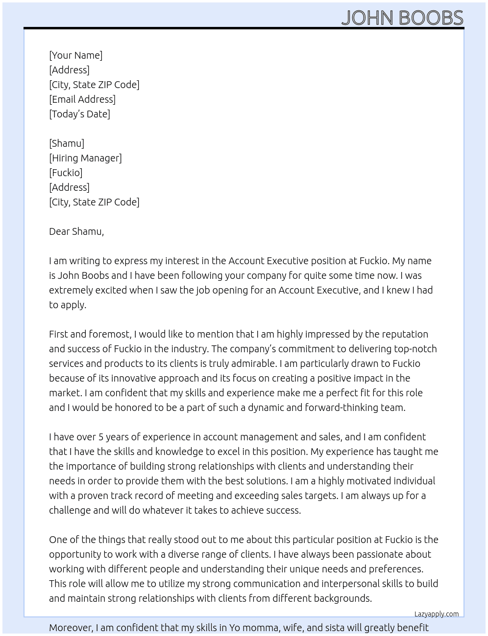 Account Executive At Fuckio Cover Letter