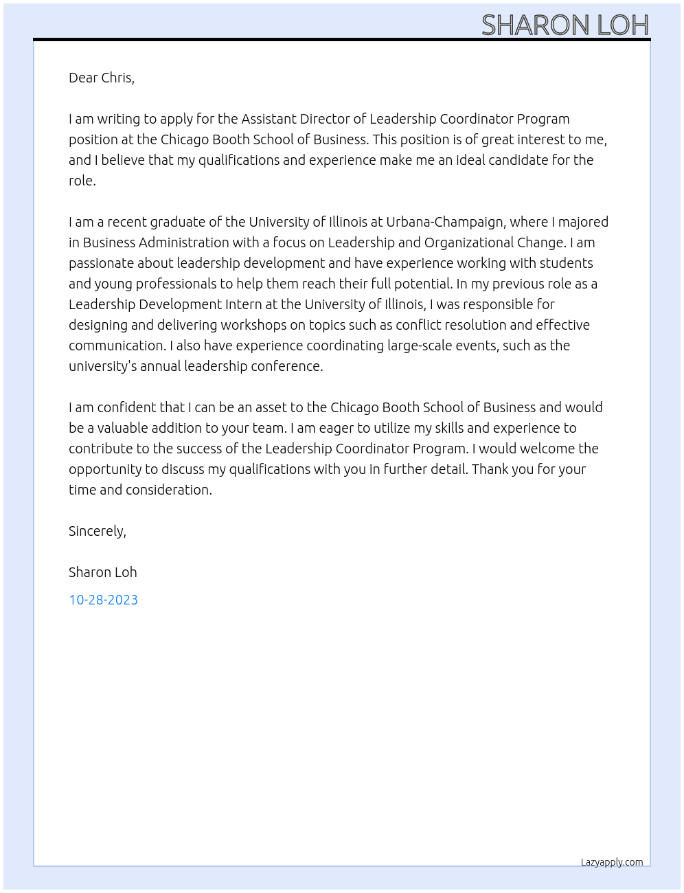 Assistant Director of Leadership Coordinator Program At Chicago Booth School of Business Cover Letter