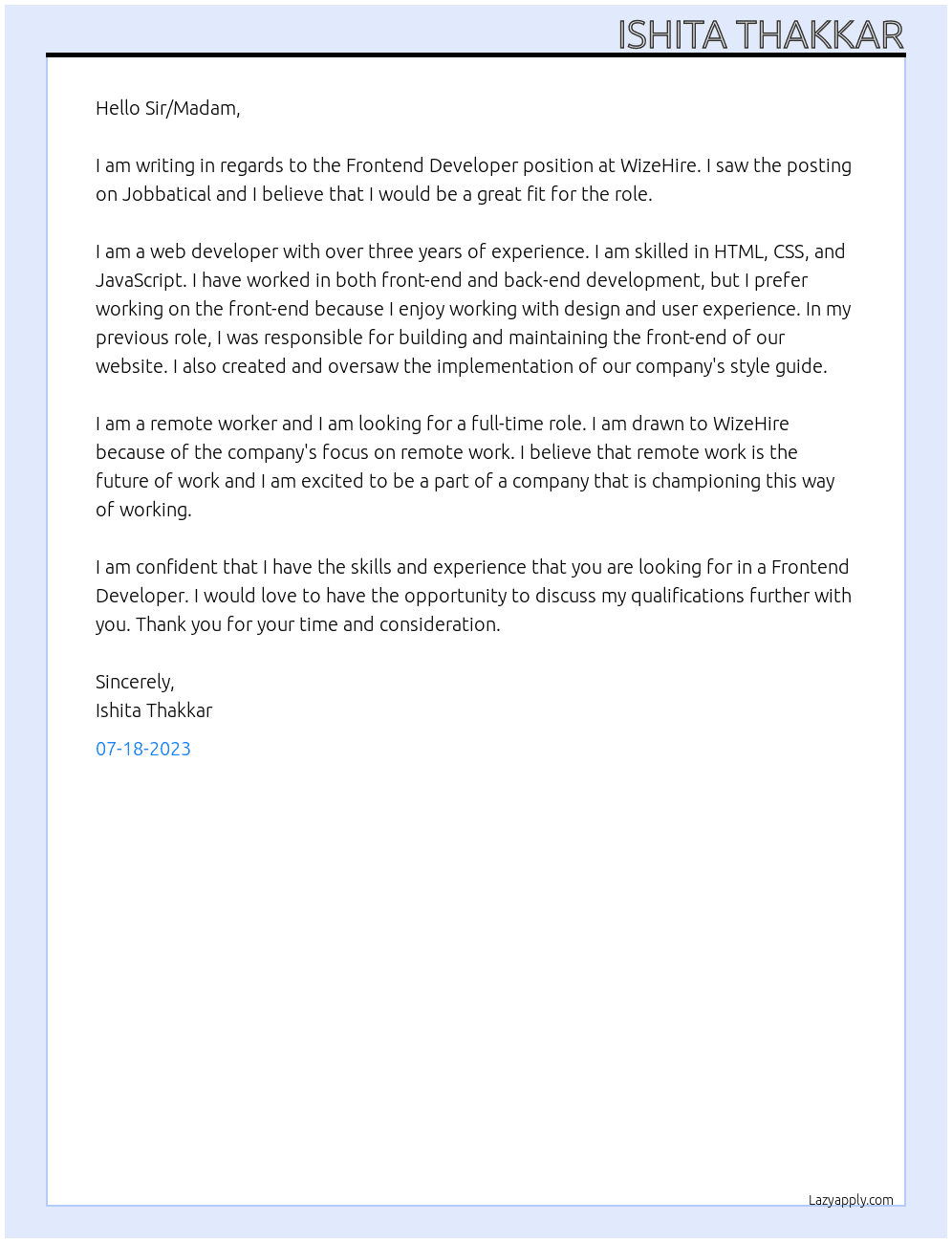 Frontend Developer  At WizeHire Cover Letter