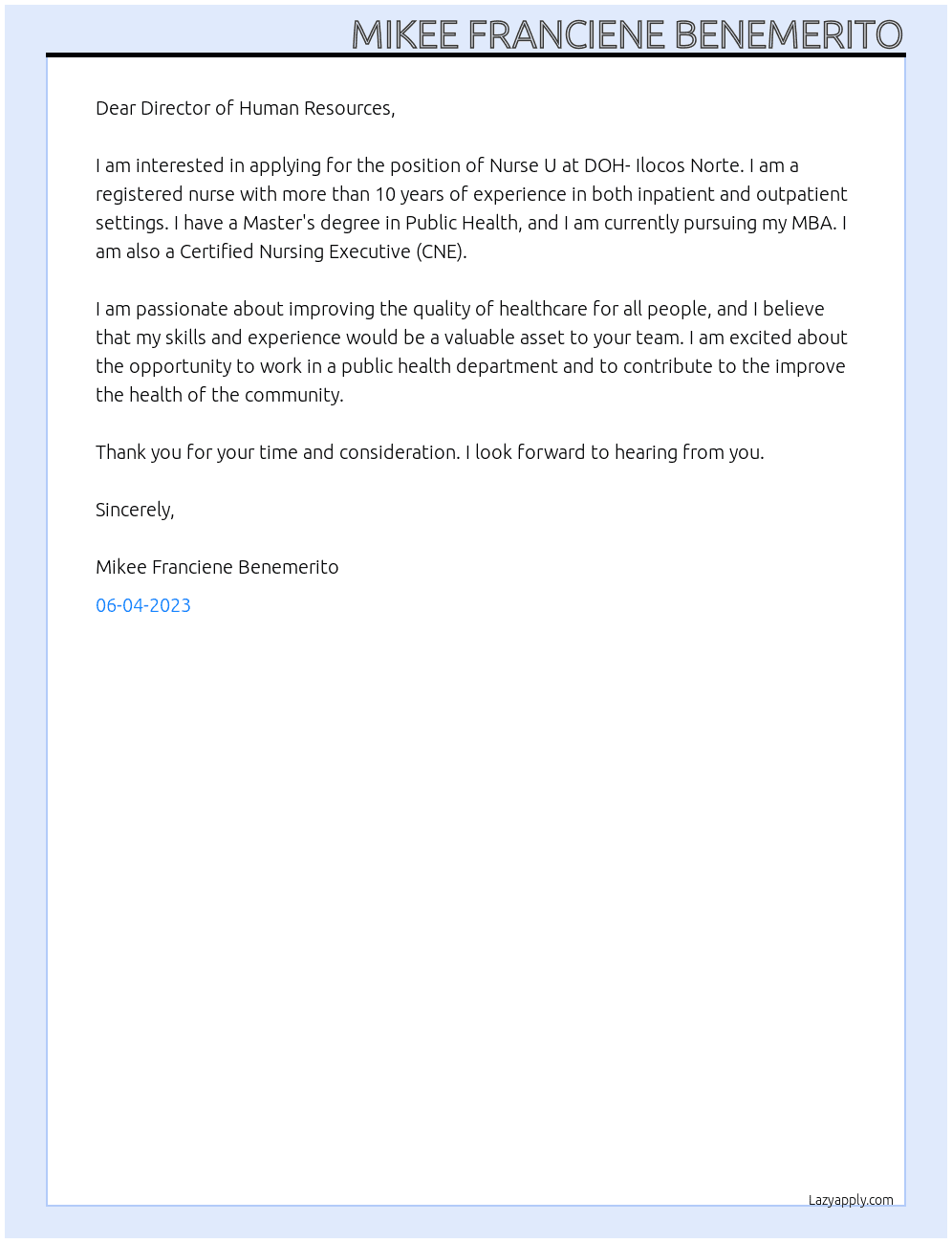 Nurse U At DOH- Ilocos Norte Cover Letter