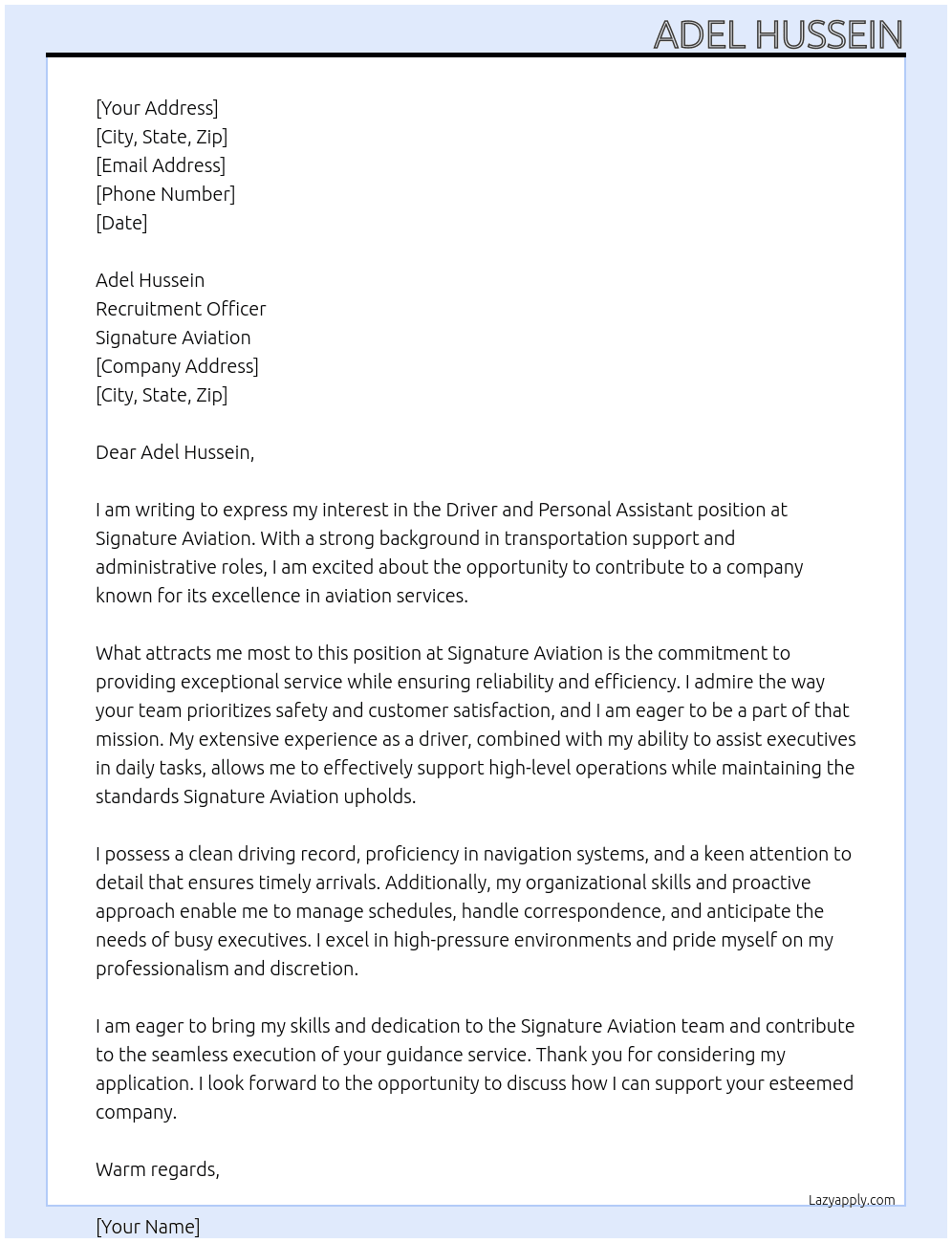 Driver and Personal Assistant At Signature Aviation Cover Letter