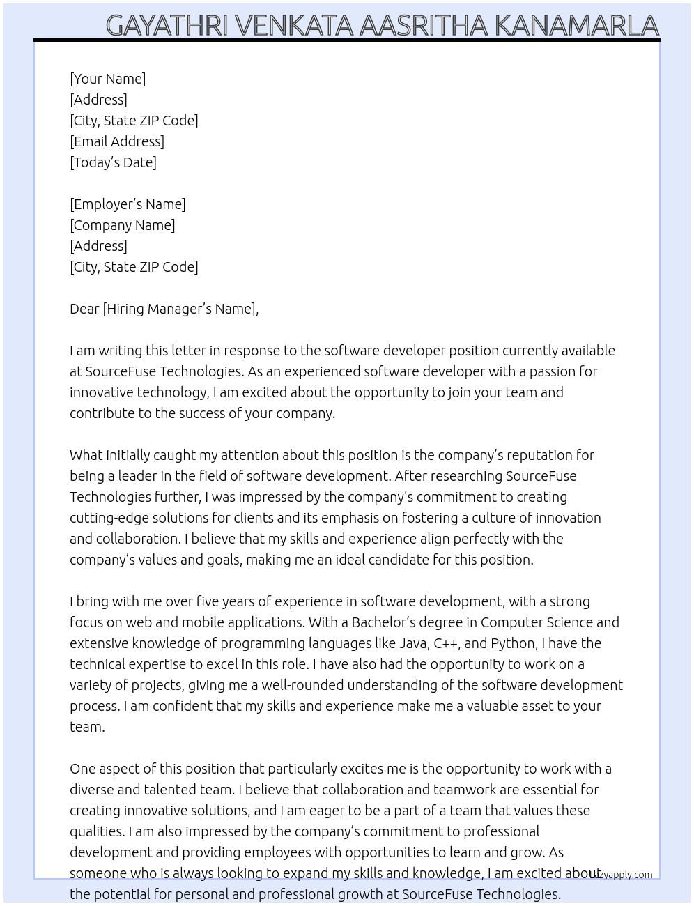 software developer At SourceFuse Technologies Cover Letter