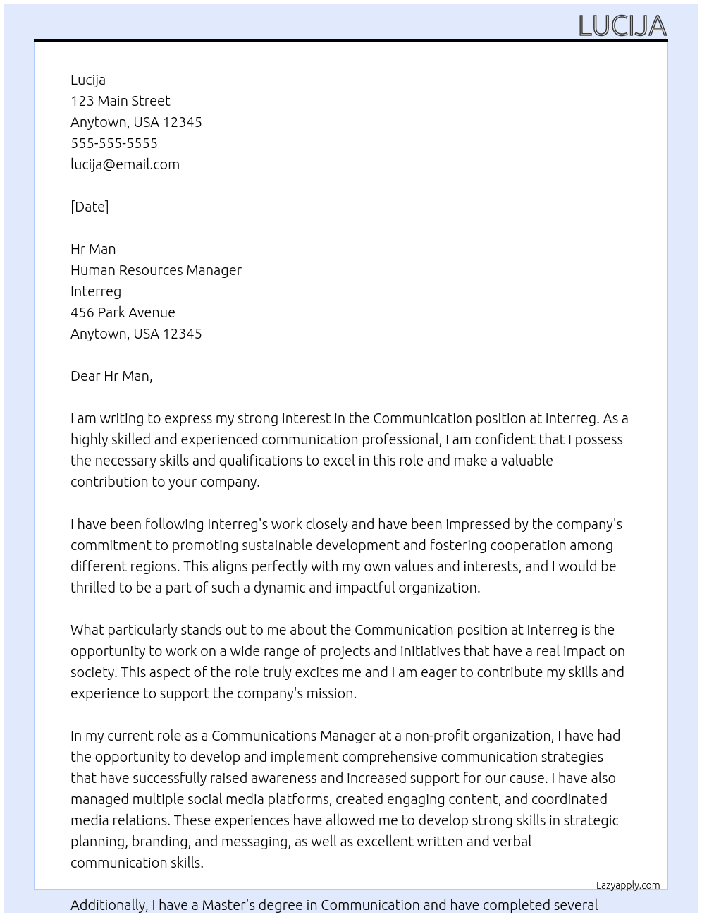 Communication  At Interreg Cover Letter