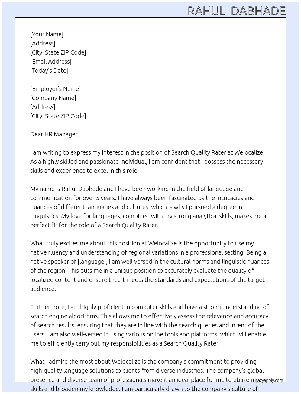 Cover letter for serach quality rater - LazyApply