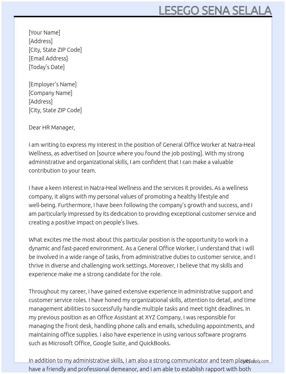 general office worker  At Natra-Heal Wellness  Cover Letter