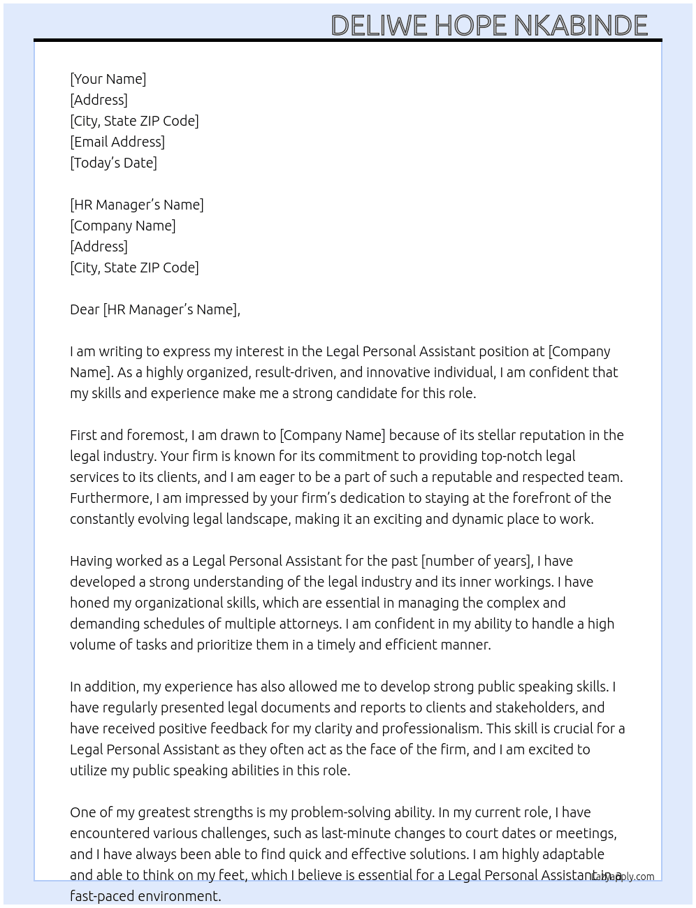 Legal Personal Assistant  At Law Firm  Cover Letter